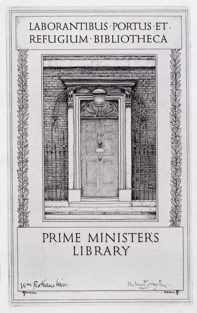 Bokplate for statsministerens bibliotek, gravert av Robert Sargent Austin (1895-1973) (gravering) av William (after) Rothenstein