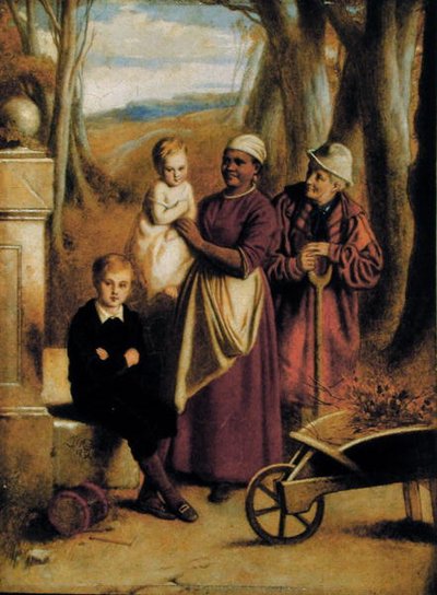 To barn, sykepleier og gammel mann (olje på panel) av William (attr. to) Mulready