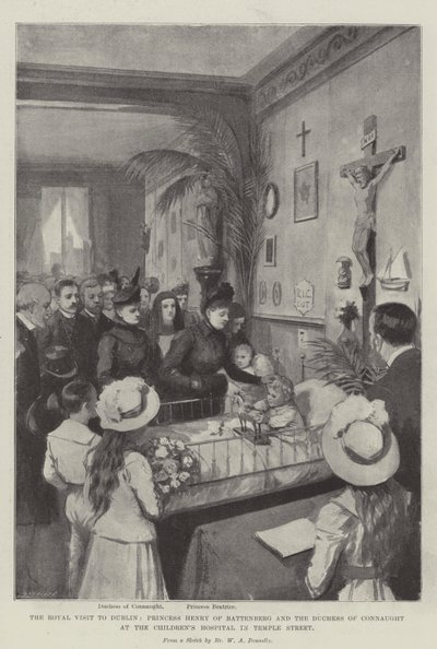 Det kongelige besøket i Dublin, prinsesse Henry av Battenberg og hertuginnen av Connaught ved barnesykehuset i Temple Street litho av William A. Donnelly