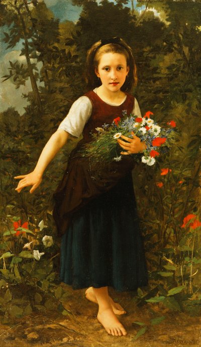 Liten pike ved bekken som holder et skjold med blomster, 1886 av William Adolphe Bouguereau