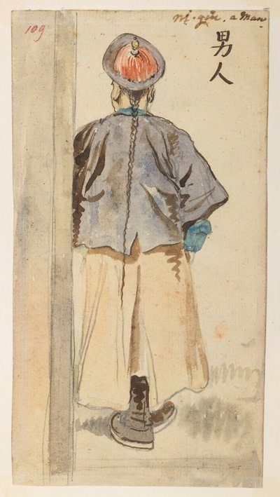 109 kinesisk figurstudie, fra et album med 372 tegninger av landskap, kystlinjer, kostymer og hverdagsliv laget under Lord Macartneys ambassade til keiseren av Kina, mellom 1792 og 1794 (blyant og akvarell på papir) av William Alexander