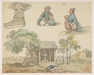 165 Figurstudier og helligdom.  , fra et album med 372 tegninger av landskap, kystlinjer, kostymer og hverdagsliv laget under Lord Macartneys ambassade til keiseren av Kina, mellom 1792 og 1794 (blyant og akvarell på papir) av William Alexander