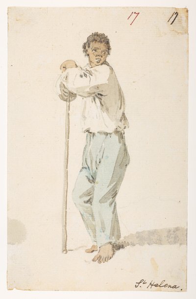 17 innbyggere i ‘St. Helena.’  fra et album med 372 tegninger av landskap, kystlinjer, kostymer og hverdagsliv laget under Lord Macartneys ambassade til keiseren av Kina, mellom 1792 og 1794 (blyant og akvarell på papir) av William Alexander
