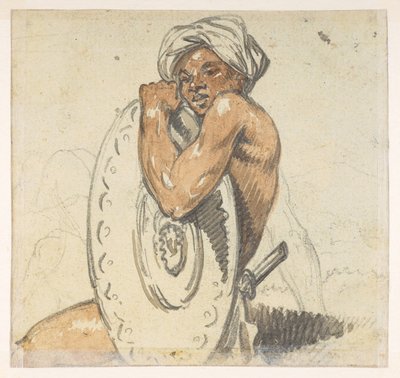 29v Ung mann med skjold. fra et album med 372 tegninger av landskap, kystlinjer, kostymer og hverdagsliv laget under Lord Macartneys ambassade til keiseren av Kina, mellom 1792 og 1794 (blyant og akvarell på papir) av William Alexander