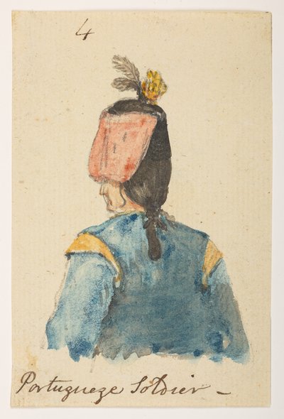 4 4' Portugisisk soldat.' fra et album med 372 tegninger av landskap, kystlinjer, kostymer og hverdagsliv laget under Lord Macartneys ambassade til keiseren av Kina, mellom 1792 og 1794 (blyant og akvarell på papir) av William Alexander