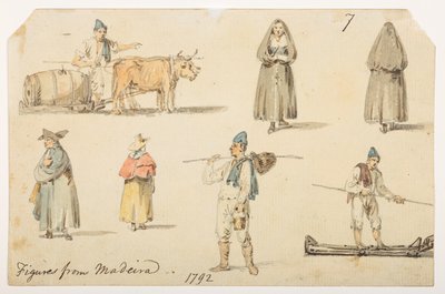 7'-figurer fra Madiera. 1792.' fra et album med 372 tegninger av landskap, kystlinjer, kostymer og hverdagsliv laget under Lord Macartneys ambassade til keiseren av Kina, mellom 1792 og 1794 (blyant og akvarell på papir) av William Alexander