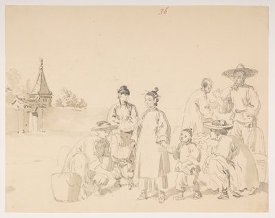 En gruppe, fra et album med 372 tegninger av landskap, kystlinjer, kostymer og hverdagsliv laget under Lord Macartneys ambassade til keiseren av Kina av William Alexander