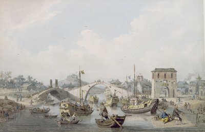 Båter på elven ved Suchow, Kina (wc over svart bly) av William Alexander