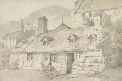 Steinhytter i et fjellandskap med en figur i forgrunnen av William Alexander