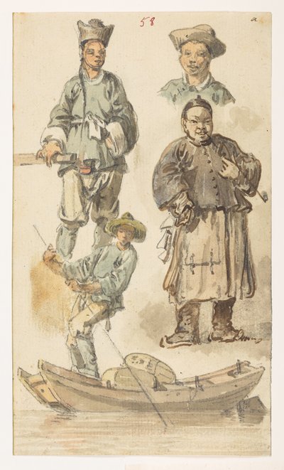 f.11 58 Studier av kinesisk,  fra et album med 372 tegninger av landskap, kystlinjer, kostymer og hverdagsliv laget under Lord Macartneys ambassade til keiseren av Kina, mellom 1792 og 1794 (blyant og akvarell på papir) av William Alexander