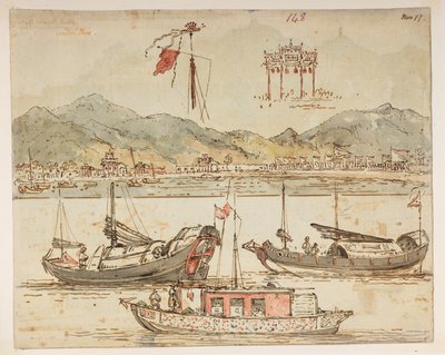 f.59 148 Båter og triumfbuer.  , fra et album med 372 tegninger av landskap, kystlinjer, kostymer og hverdagsliv laget under Lord Macartneys ambassade til keiseren av Kina, mellom 1792 og 1794 (blyant og akvarell på papir) av William Alexander