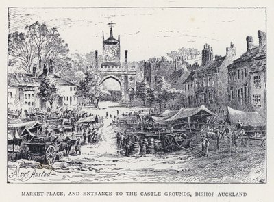Markedsplass og inngang til slottsområdet, biskop Auckland (gravering) av William Alexander Ansted