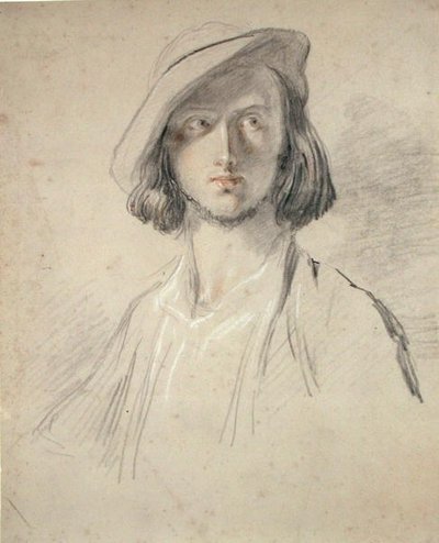 Portrettstudie av en ung mann (farget kritt på gulfarget papir) av William Allan