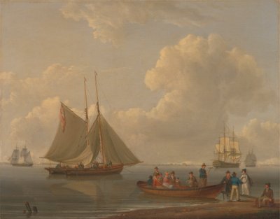 A Wherry tar passasjerer ut til to forankrede pakker av William Anderson