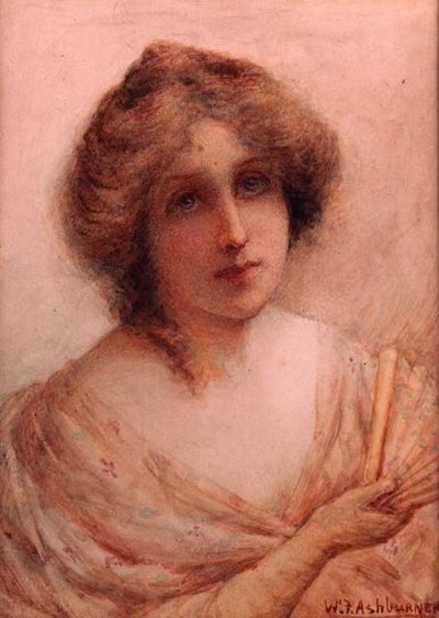Dame med vifte i rosa kjole (akvarell på papir) av William Ashburner