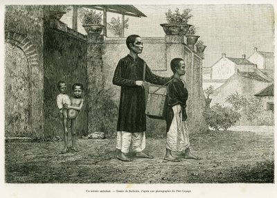 En gående trollmann, en blind massør. Gravering av Barbotin, for å illustrere historien Trente mois au Tonkin, i 1884, av doktor Paul Hocquard, i le tour du monde 1890, under ledelse av Edouard Charton (1807-1890), Hachette, Paris. av William Barbotin