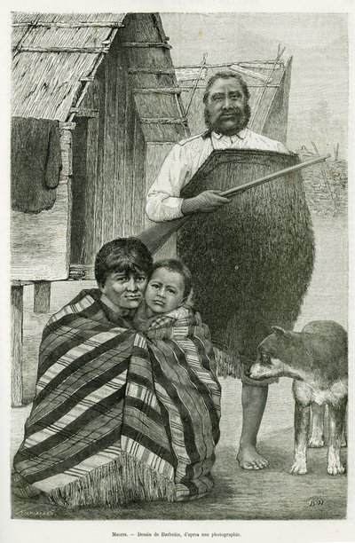 Tre generasjoner maori. Gravering av Barbotin, for å illustrere historien Voyage to New Zealand, i 1889, av G.Verschuur, i The Round the World 1890, regissert av Edouard Charton (1807-1890), Hachette, Paris. av William Barbotin
