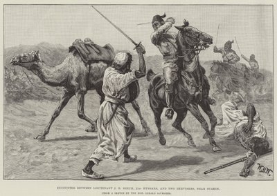 Møte mellom løytnant J R Beech, 21st Hussars og Two Dervishes, nær Suakin av William Barnes Wollen