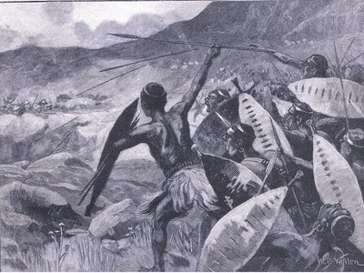 Kamp i Matopos Hills: Anklagen for Matabele, illustrasjon fra Cassells History of England, 1900-tallet av William Barnes Wollen
