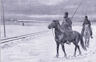Vokter jernbanen nær Mukden, illustrasjon fra Cassells History of the Russo-Japanese War Vol 1, ca. 1900 av William Barnes Wollen