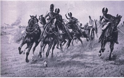 Guns to the front: Waterloo 18. juni 1815, illustrasjon fra British Battles on Land and Sea, 1915 av William Barnes Wollen