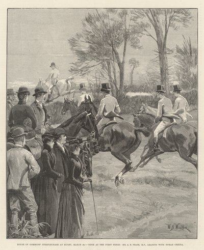 Underhusets hindring ved Rugby, 29. mars, Rush at the First Fence, Mr A E Pease, MP, leder sammen med Norah Creina av William Barnes Wollen