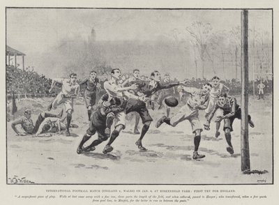 Internasjonal fotballkamp (England v Wales) 6. januar, på Birkenhead Park, første forsøk for England av William Barnes Wollen