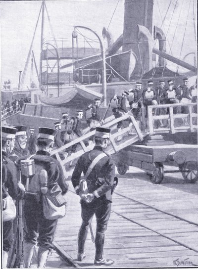Japanske tropper går om bord på Kobe, illustrasjon fra Cassells History of the Russo-Japanese War Vol 1, ca. 1900 av William Barnes Wollen
