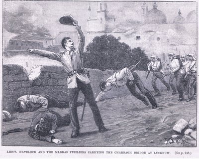 Løytt. Havelock og Madras-fusilierne som bærer Charbagh-broen ved Lucknow 1857 e.Kr av William Barnes Wollen