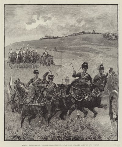 Militære manøvrer ved Frensham, nær Aldershot, Royal Horse Artillery galopperende inn i posisjon av William Barnes Wollen