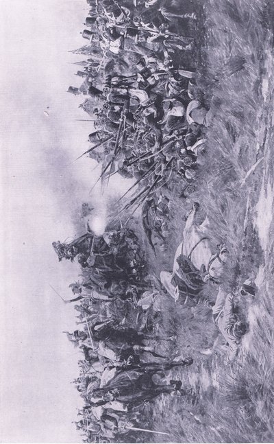 Det 28. Gloucester-regimentet mottok fransk kavaleri ved Waterloo 18. juni 1815, illustrasjon fra British Battles on Land and Sea, 1915 av William Barnes Wollen