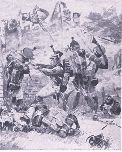 Angrepet på veggen ved Hougomont: Waterloo 1815, illustrasjon fra British Battles on Land and Sea, 1915 av William Barnes Wollen