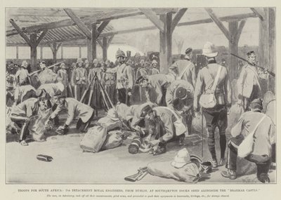 Tropper for Sør-Afrika, 7th Detachment Royal Engineers, fra Dublin, ved Southampton Docks Shed ved siden av Braemar Castle av William Barnes Wollen