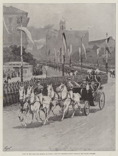 Besøk av tsaren og tsarinaen til Wien, de to keiserne som rir gjennom Prater Strasse av William Barnes Wollen