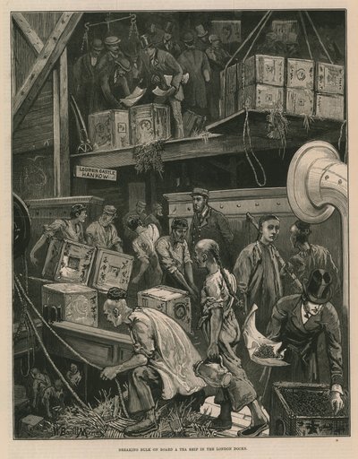 Å bryte bulk om bord på et teskip i London-bryggene (gravering) av William Bazett Murray