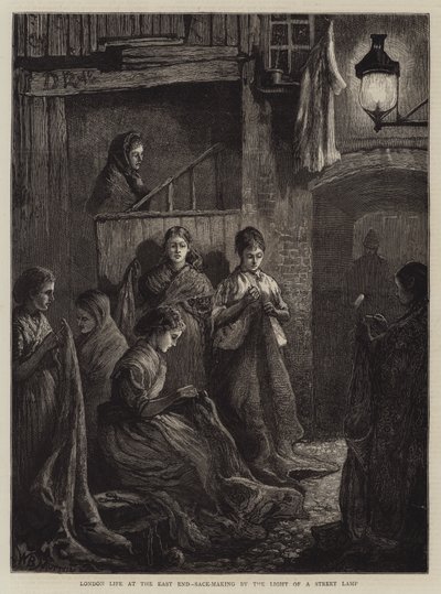 London Life at the East End, sekkfremstilling av lyset fra en gatelampe (gravering) av William Bazett Murray