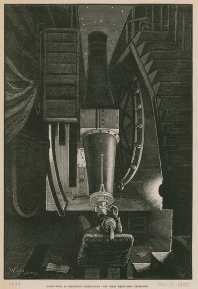 Nattarbeid ved Greenwich Observatory; Det store ekvatorialteleskopet (gravering) av William Bazett Murray