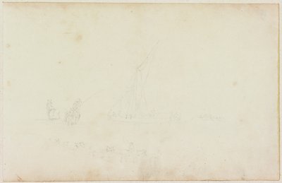 Skisse av skipsrobåt og rytter med linje av hester (blyant på papir (på papir med M746)) av William Beilby