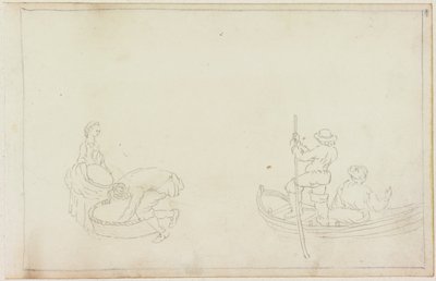 To lektere, og mann og kvinne med kurv (blyant på papir (på papir med M749)) av William Beilby