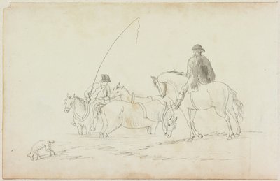 To menn til hest med to hester og hund (blyant og akvarell (vask) på papir (på papir med M751)) av William Beilby