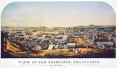 Utsikt over San Francisco, California, fra Telegraph Hill, april 1850 (farge litho) av William Birch McMurtrie