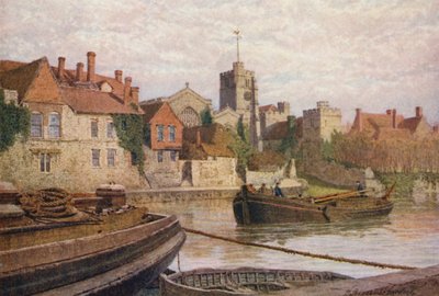 Maidstone, baksiden av det gamle palasset, kirken og Old College sett fra den andre siden av Medway (fargelitografi) av William Biscombe Gardner