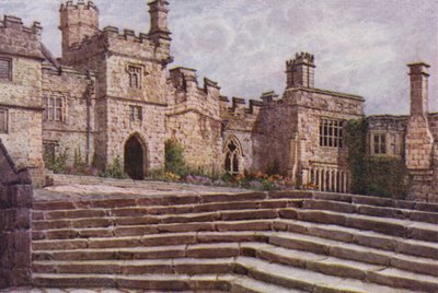 The Lower Courtyard, Haddon Hall (farge litho) av William Biscombe Gardner