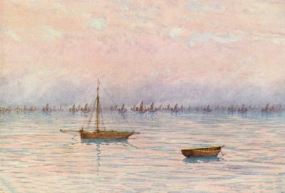 Whitstable Oyster Fleet mudrer utenfor Herne Bay (fargelitografi) av William Biscombe Gardner