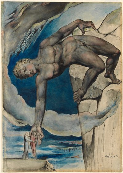 Antaeus setter ned Dante og Virgil i helveteens siste sirkel av William Blake