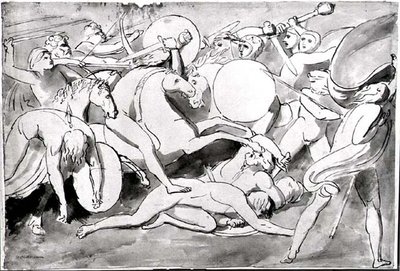 Kampscene (penn og blekk) (s/hvitt-bilde) av William Blake