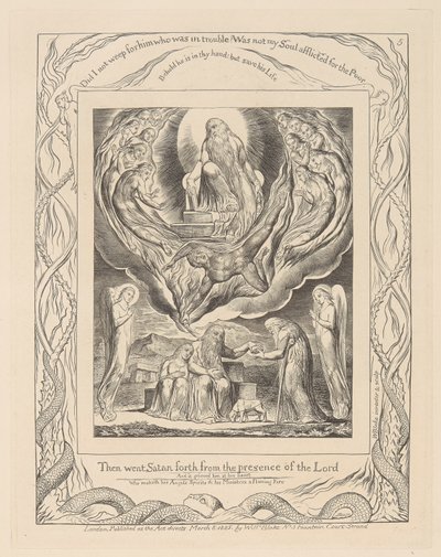 Jobs bok, plate 5, Satan går ut fra Herrens nærvær og Jobs nestekjærlighet av William Blake