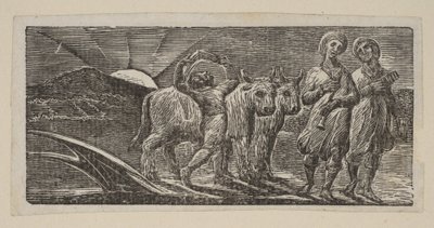 Boy Returning Joyfully, med plog og okser, fra Thorntons Pastorals of Virgil, 1821. av William Blake