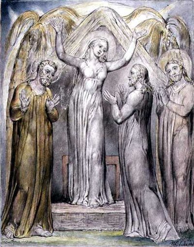 Christ Returns to his Mother, illustrasjon fra "Paradise Regained" av John Milton, ca. 1816-18 (penn og blekk, grå vask og akvarell på papir) av William Blake