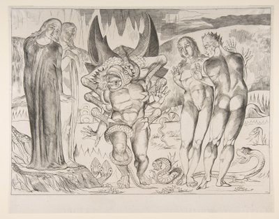 Circle of Thieves: Agnello Brunelleschi angrepet av en seksfots slange, fra Dan..., ca. 1825-27. av William Blake